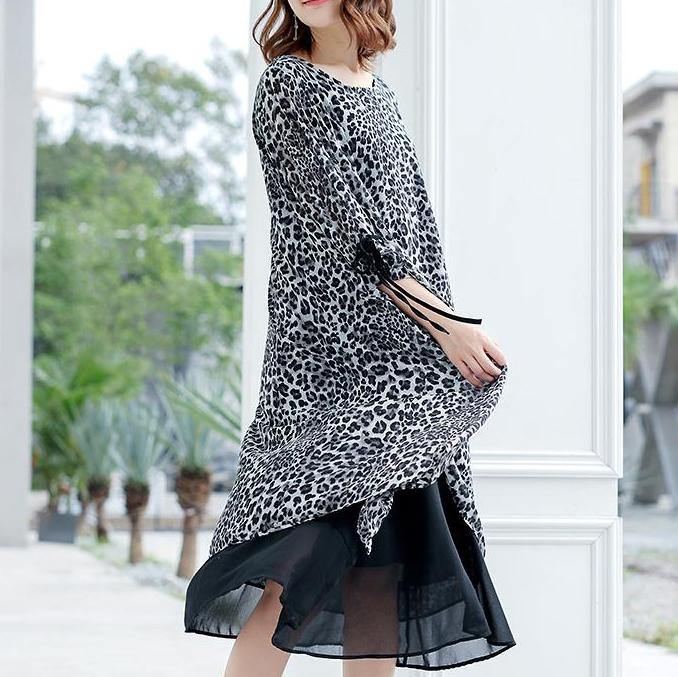 Handmade clothes Drops Design Leopard Print Lacing Ruffles Spliced Chiffon blended Dress - Omychic