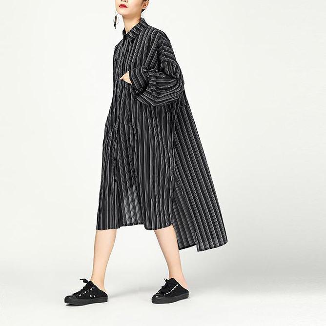 Handmade cotton clothes For Women Casual Stripe Slit Turn Down Collar Long Sleeve Dress - Omychic
