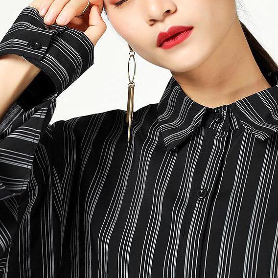 Handmade cotton clothes For Women Casual Stripe Slit Turn Down Collar Long Sleeve Dress - Omychic