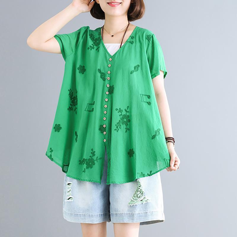 Handmade cotton clothes For Women Indian Embroidered Plant And Note Loose T-Shirt - Omychic