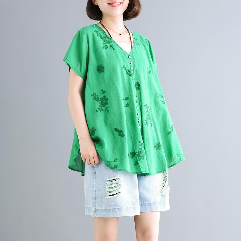 Handmade cotton clothes For Women Indian Embroidered Plant And Note Loose T-Shirt - Omychic