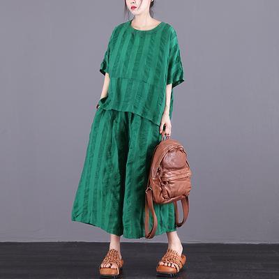 Handmade cotton clothes For Women Plus Size Loose Striped Blouse And Wide Leg Pants - Omychic
