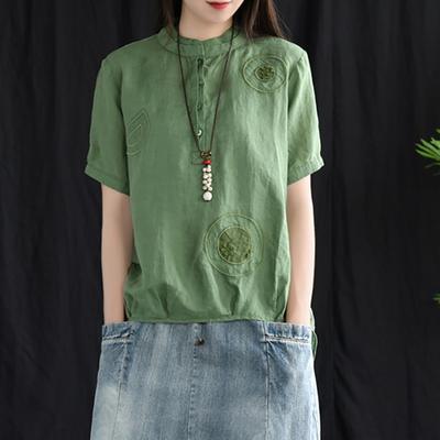 Handmade cotton crane tops Korea Vintage Embroidery Women Short Sleeve Blouse - Omychic