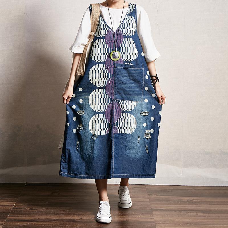 Handmade cotton quilting clothes top quality Dots Printed Frayed Loose Suspender Dress - Omychic