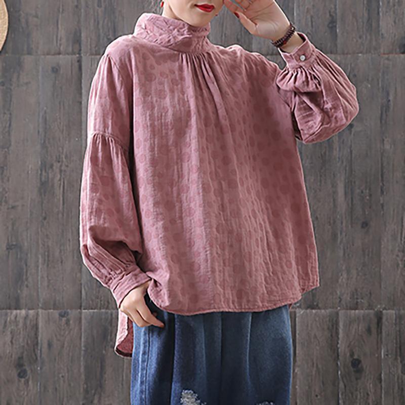 Handmade cotton tunic top plus size Dots Women Turtleneck Lantern pink Sleeve Blouse - Omychic