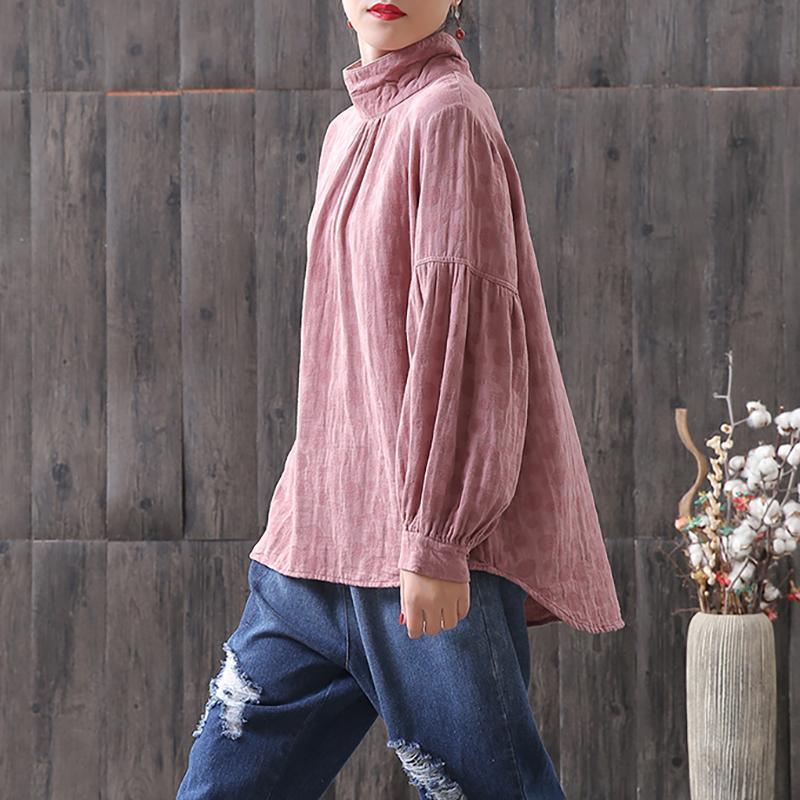 Handmade cotton tunic top plus size Dots Women Turtleneck Lantern pink Sleeve Blouse - Omychic