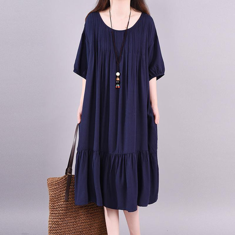 Handmade dresses Fitted Navy Blue Round Neck Draped Midi Dress - Omychic