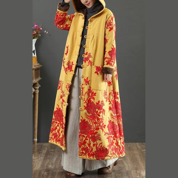 Handmade embroidery Fine hooded box coat yellow baggy outwears - Omychic