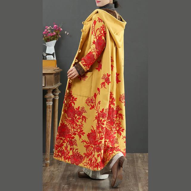 Handmade embroidery Fine hooded box coat yellow baggy outwears - Omychic
