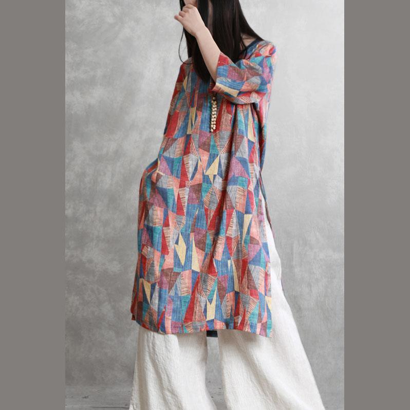 Handmade floral linen clothes For Women v neck side open oversized summer top - Omychic