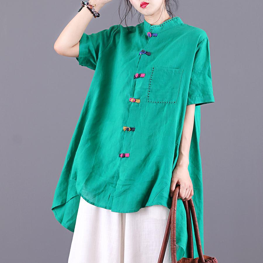 Handmade green linen clothes asymmetric stand collar summer top - Omychic