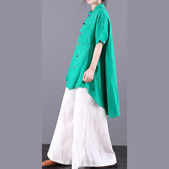 Handmade green linen clothes asymmetric stand collar summer top - Omychic