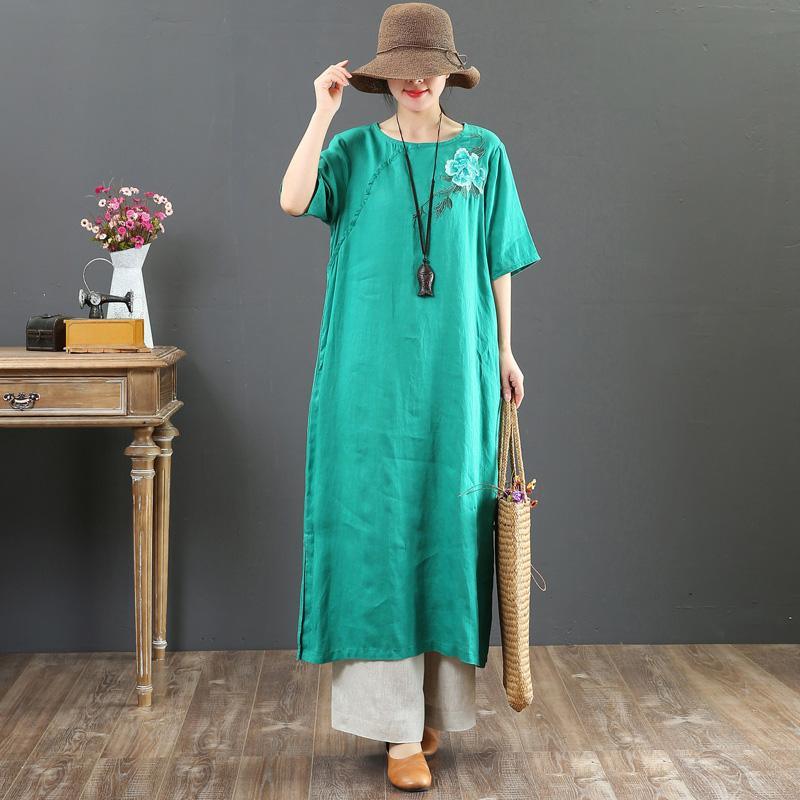 Handmade green linen dresses Fitted Fabrics o neck embroidery Art Summer Dress - Omychic