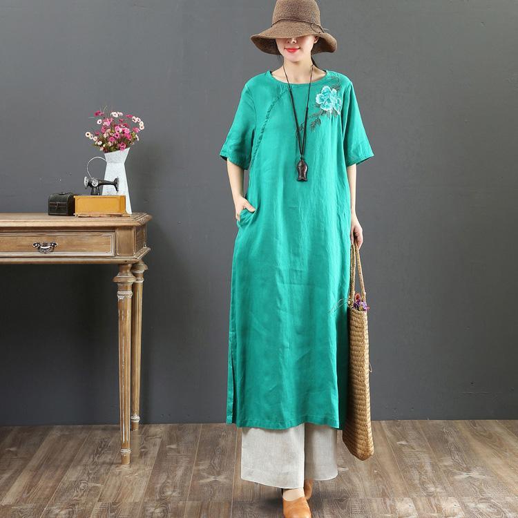 Handmade green linen dresses Fitted Fabrics o neck embroidery Art Summer Dress - Omychic