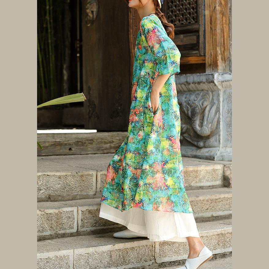 Handmade green print linen dresses Vintage Wardrobes o neck side open Maxi Summer Dresses - Omychic