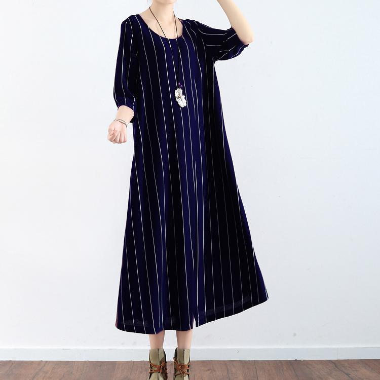 Handmade half sleeve linen quilting dresses Runway blue striped Dress fall - Omychic