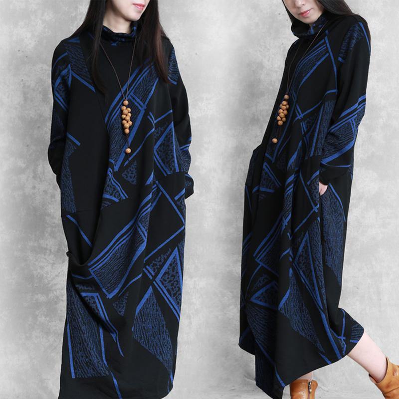Handmade high neck asymmetric cotton Wardrobes Tunic Tops blue print Maxi Dresses fall - Omychic