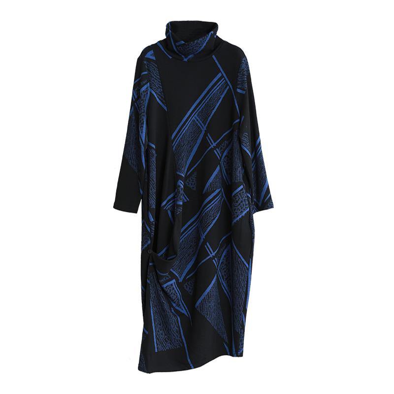 Handmade high neck asymmetric cotton Wardrobes Tunic Tops blue print Maxi Dresses fall - Omychic