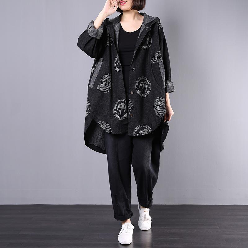 Handmade hooded cotton clothes For Women Outfits black prints coats fall - Omychic