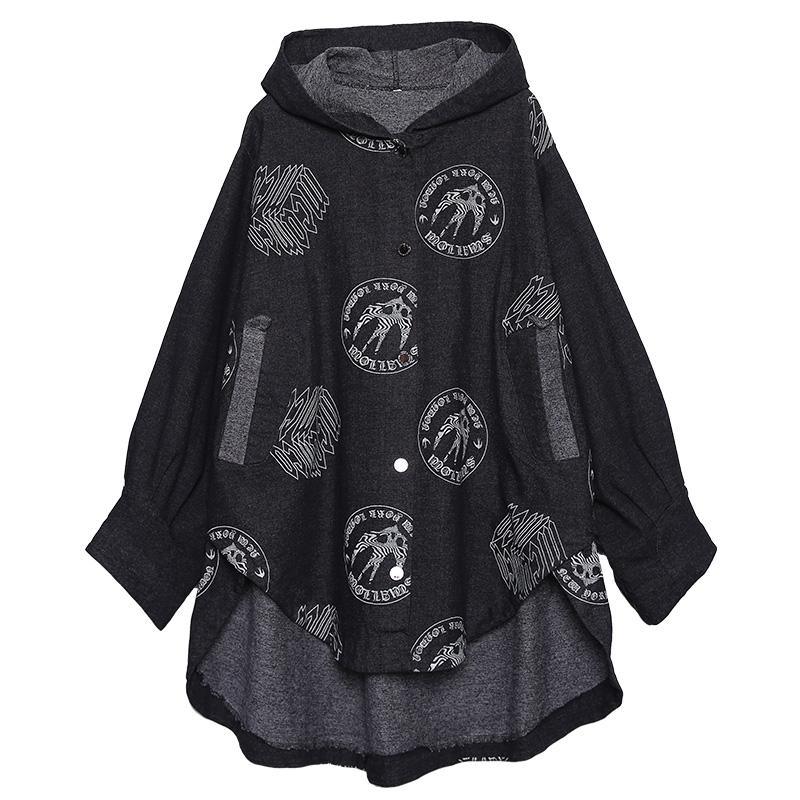 Handmade hooded cotton clothes For Women Outfits black prints coats fall - Omychic