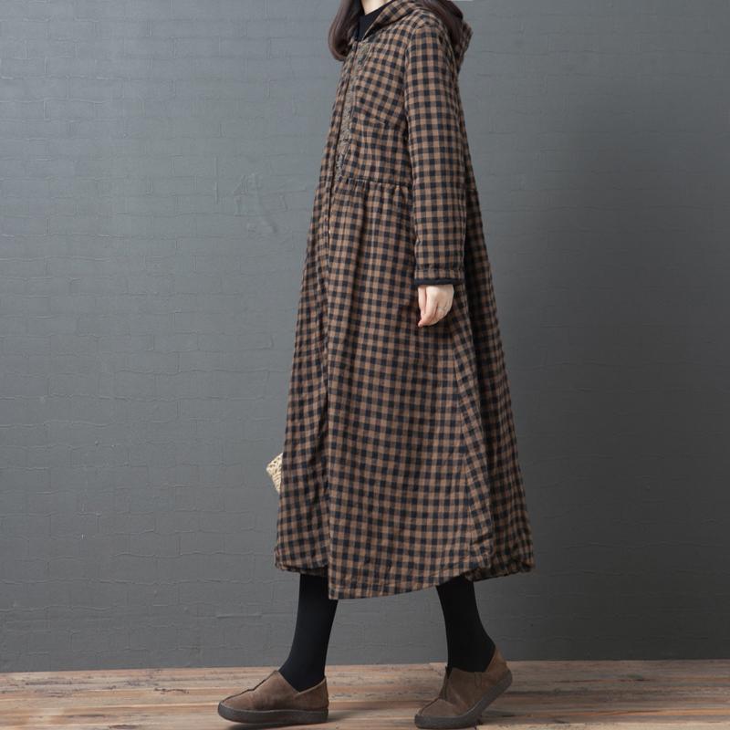 Handmade hooded pockets Plus Size Coats Women chocolate plaid Vestidos De Lino coat - Omychic