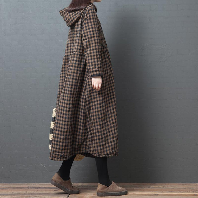 Handmade hooded pockets Plus Size Coats Women chocolate plaid Vestidos De Lino coat - Omychic