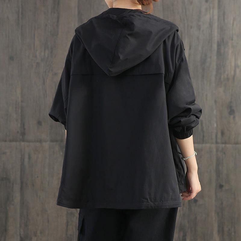 Handmade hooded zippered cotton clothes Sleeve black coats fall - Omychic
