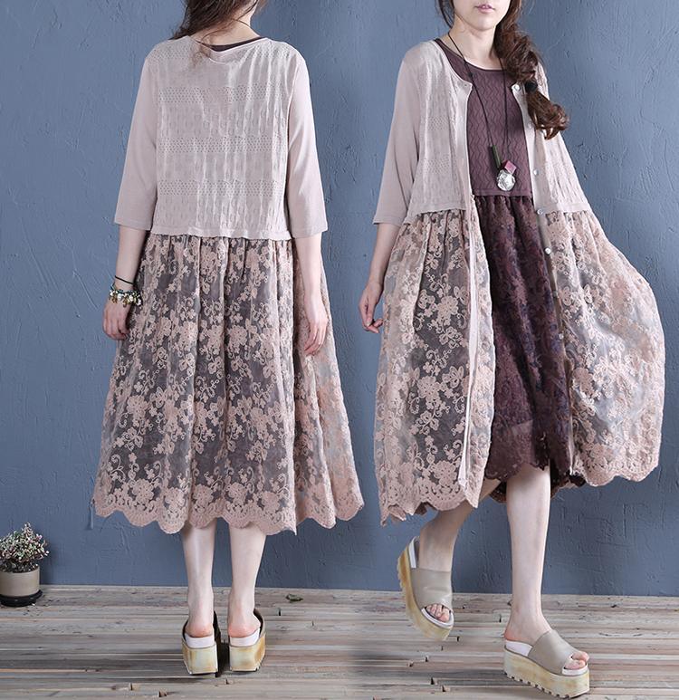 Handmade khaki embroidery linen clothes patchwork Vestidos De Lino summer cardigan - Omychic