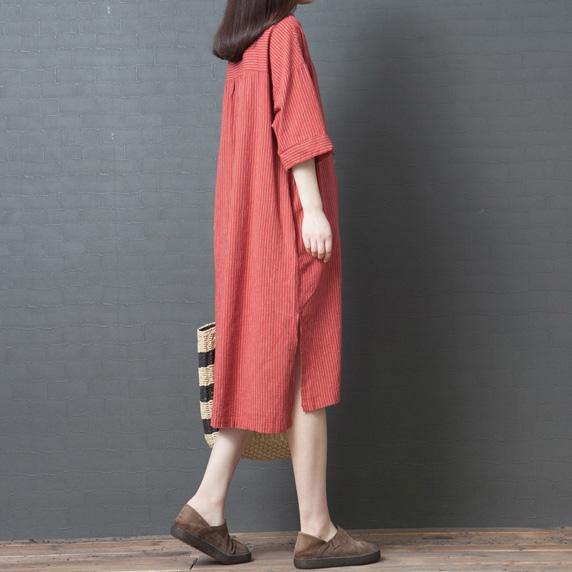 Handmade lapel half sleeve cotton Tunics Sleeve red striped Traveling Dresses summer - Omychic