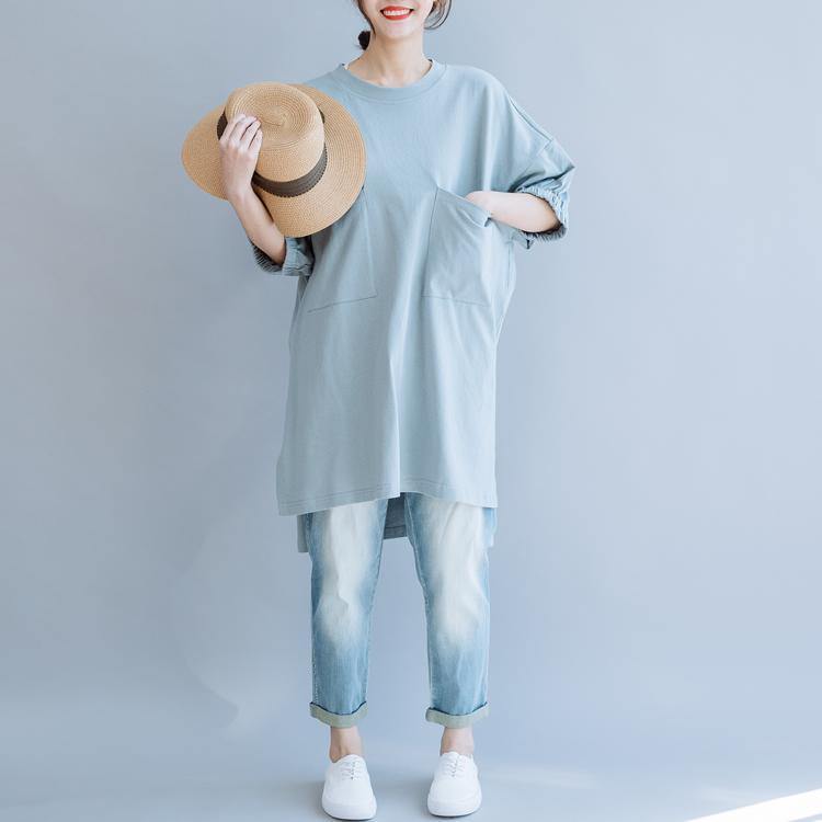 Handmade light blue cotton o neck pockets Vestidos De Lino summer shirts - Omychic