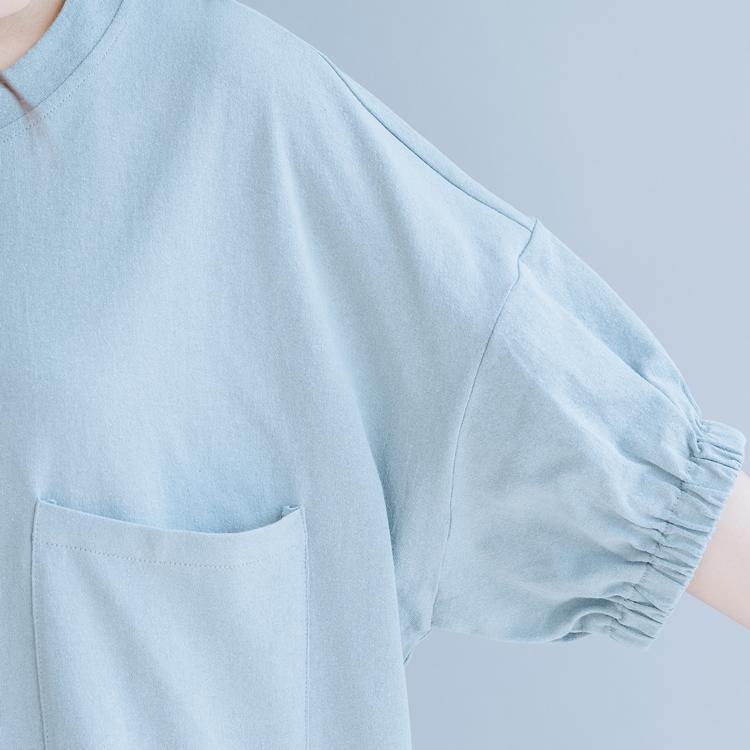 Handmade light blue cotton o neck pockets Vestidos De Lino summer shirts - Omychic