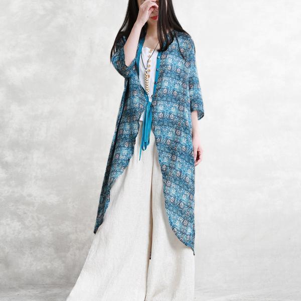 Handmade linen Blouse Boho New Summer Print Lace-Up Irregular X-Long Shirt - Omychic
