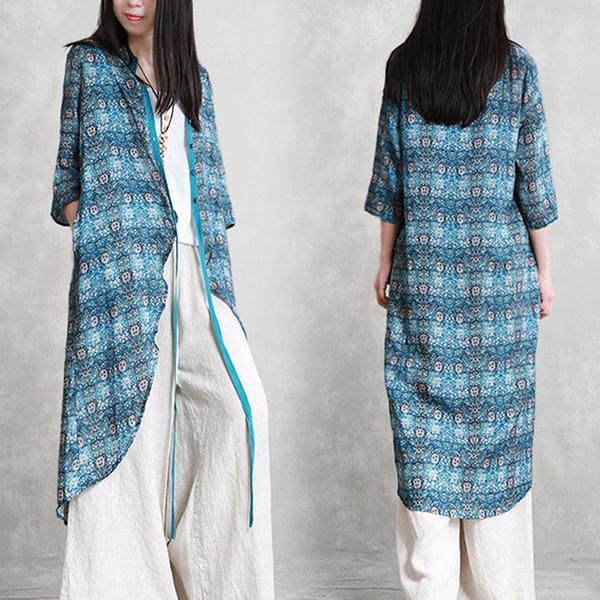 Handmade linen Blouse Boho New Summer Print Lace-Up Irregular X-Long Shirt - Omychic