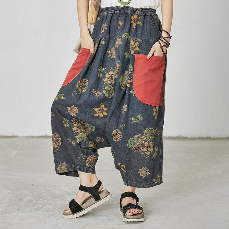 Handmade linen Indian Floral Printed And Patchwork Loose Pants - Omychic