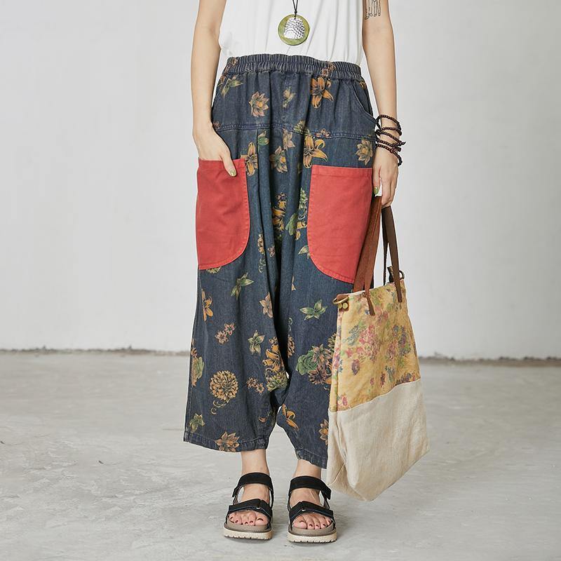 Handmade linen Indian Floral Printed And Patchwork Loose Pants - Omychic