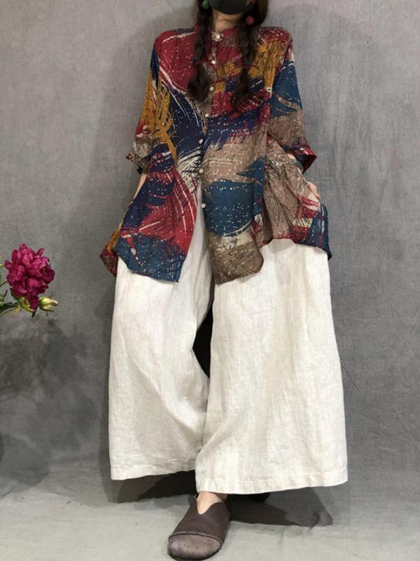 Handmade linen linen tops women blouses plus size Cotton Linen Print Irregular Stand Collar Blouse - Omychic