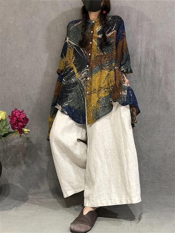 Handmade linen linen tops women blouses plus size Cotton Linen Print Irregular Stand Collar Blouse - Omychic