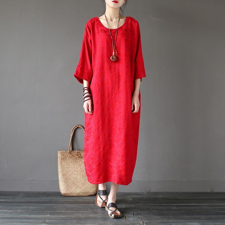 Handmade linen outfit top quality o neck Sleeve red jacquard Robe Three Quarter sleeve Dresses - Omychic