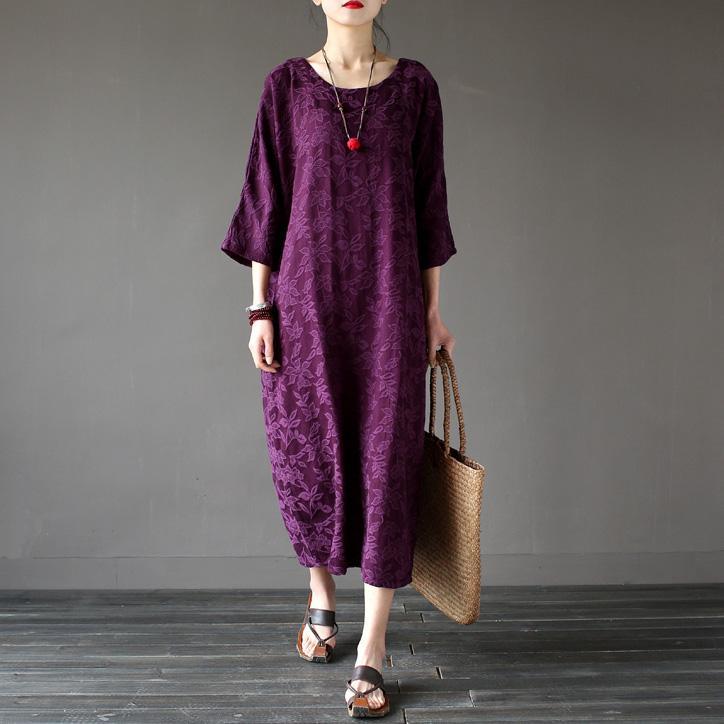 Handmade linen outfit top quality o neck Sleeve red jacquard Robe Three Quarter sleeve Dresses - Omychic
