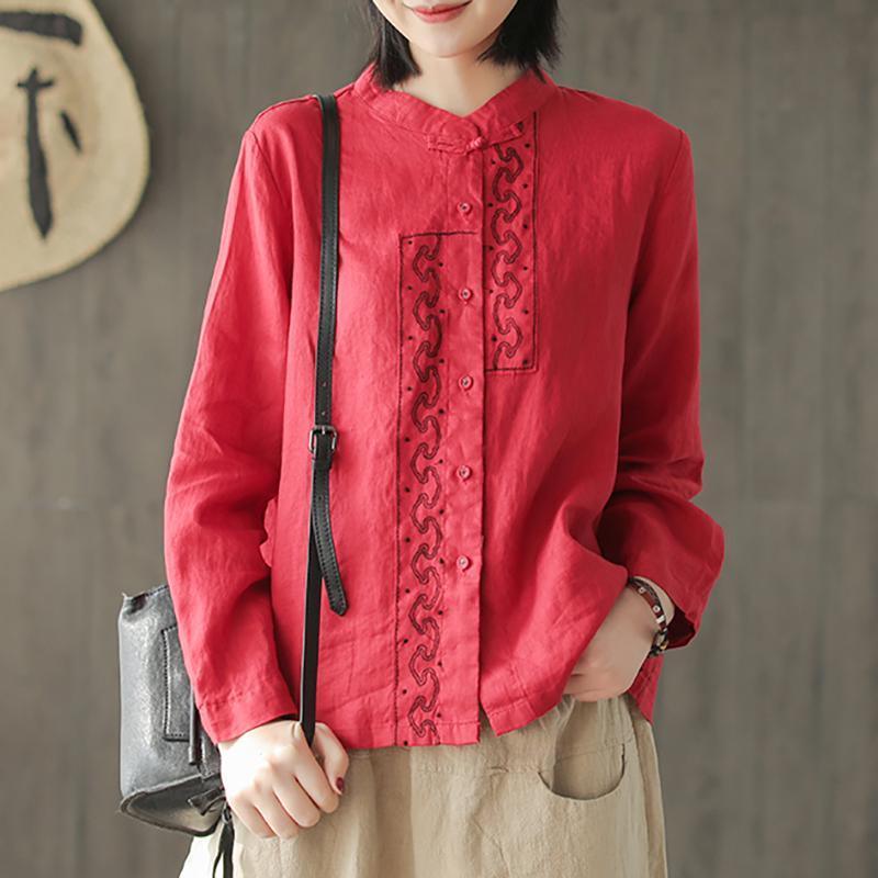 Handmade linen tunic pattern Organic Embroidery Spring Retro Style Women Shirt - Omychic