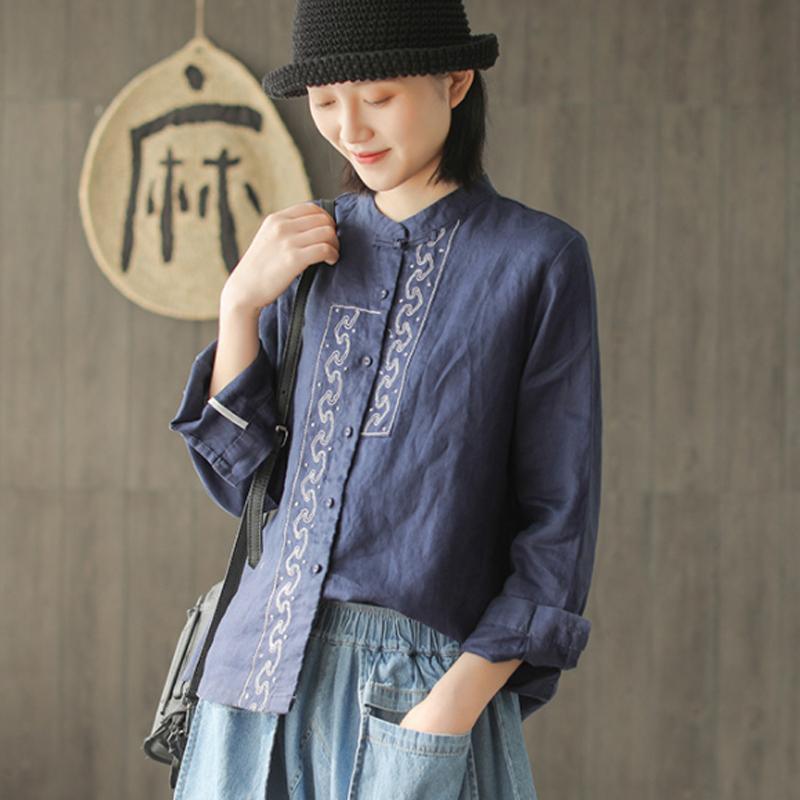 Handmade linen tunic pattern Organic Embroidery Spring Retro Style Women Shirt - Omychic