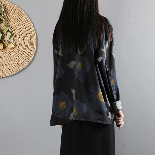 Handmade long sleeve Fine o neck tunic coats black prints Midi outwear - Omychic