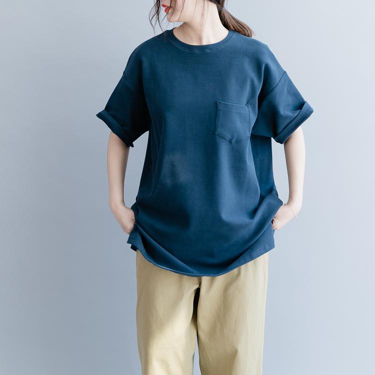 Handmade Navy Cotton Clothes For Women O Neck Side Open Baggy Summer Blouse ( Limited Stock) - Omychic