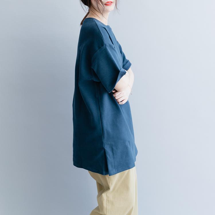 Handmade Navy Cotton Clothes For Women O Neck Side Open Baggy Summer Blouse ( Limited Stock) - Omychic