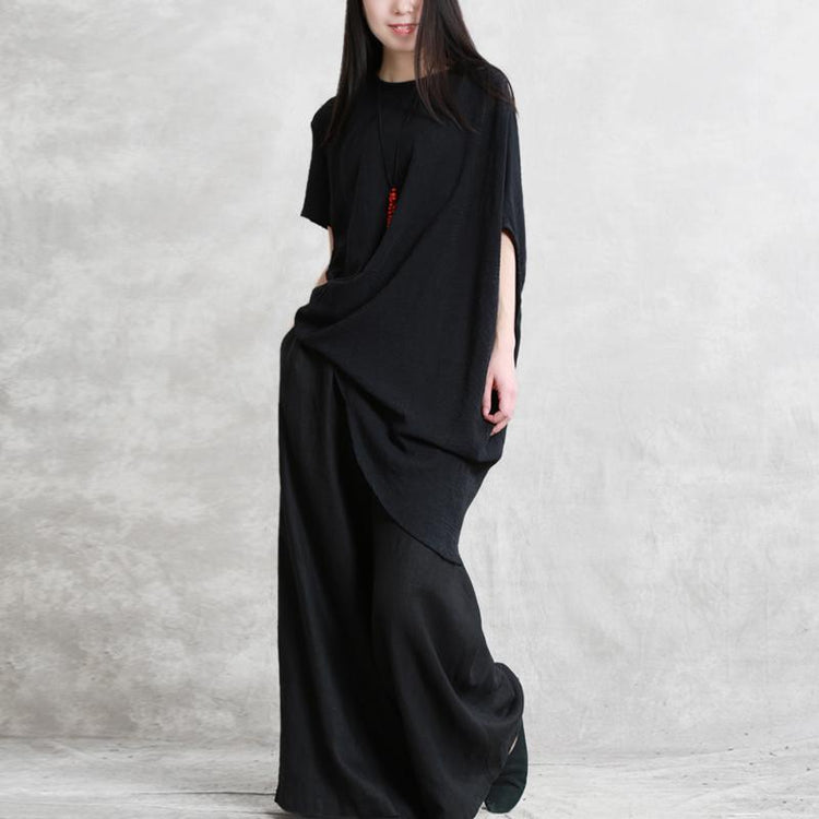 Handmade o neck asymmetric linen Blouse Inspiration black shirt summer - Omychic