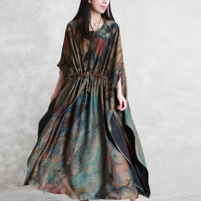 Handmade o neck batwing sleeve silk Robes Inspiration dark green print Dresses summer - Omychic