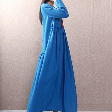 Handmade o neck cotton Robes Wardrobes blue Dress autumn - Omychic