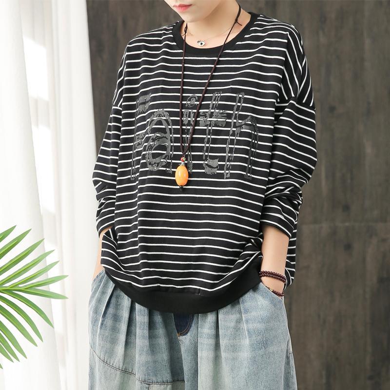 Handmade o neck cotton clothes For Women Fabrics black striped blouse fall - Omychic