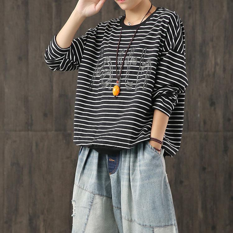 Handmade o neck cotton clothes For Women Fabrics black striped blouse fall - Omychic