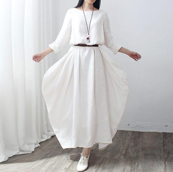 Handmade o neck linen Robes Photography white Dresses autumn - Omychic